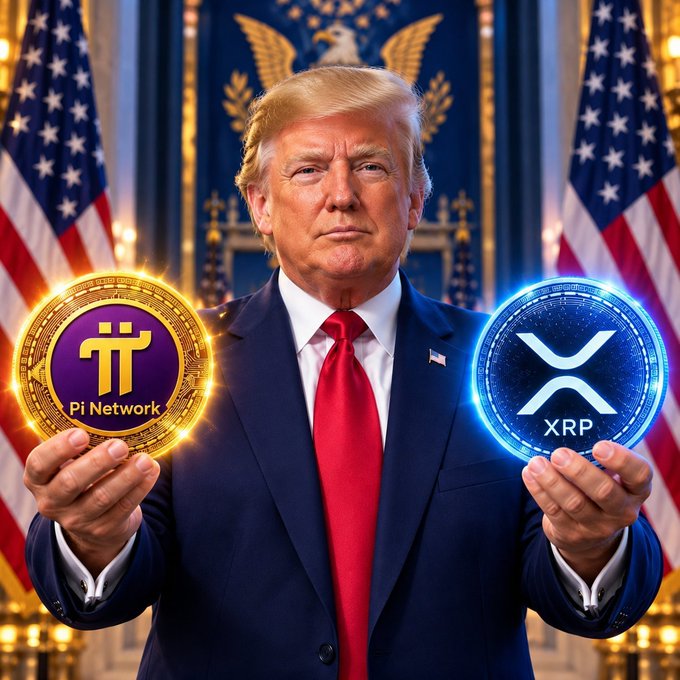 A digital rendering of Donald Trump in a suit holds a golden 'Pi Network' coin in one hand and a blue 'XRP' coin in the other, with American flags in the background.