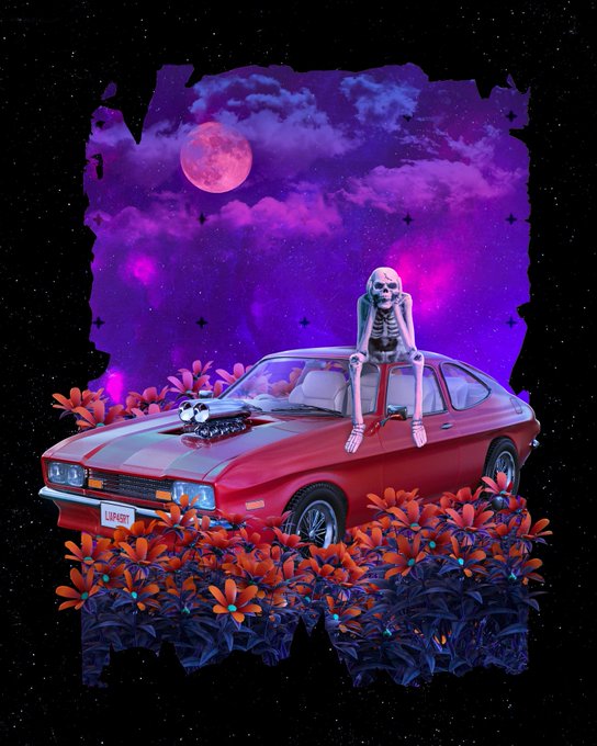 A stylized illustration of a skeleton sitting on the hood of a red muscle car, surrounded by red and blue flowers, with a purple night sky and full moon in the background.