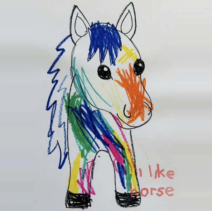 A child's crayon and marker drawing of a horse with a rainbow-colored mane and body, featuring the handwritten text "I like Horse" in red.