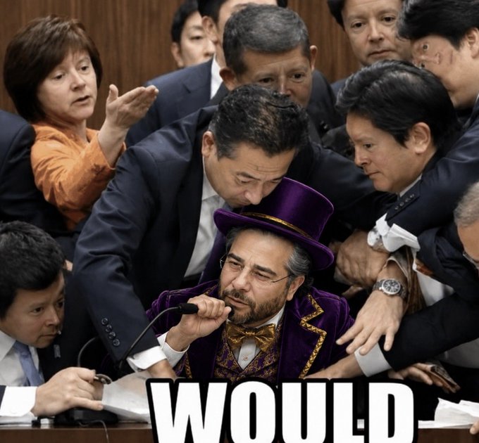 A meme showing a man in a purple Willy Wonka-style suit and top hat surrounded by people in suits, with the text 'WOULD' visible at the bottom.