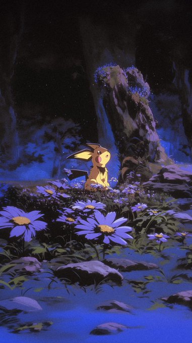 The image features a cartoon character, possibly a Pokemon, sitting among purple flowers in front of a rock formation. The background appears to be dark blue, creating an atmosphere reminiscent of a cave or forest setting. There are no texts present in the image, but there is a caption that reads "GN gTria A key feature of @useTria is the ability to perform ATM withdrawals. Users can load their Tria card with cryptocurrency or stablecoins and access cash globally." This caption provides information about the post's content while maintaining its visual appeal through the cartoon character and flowery background.