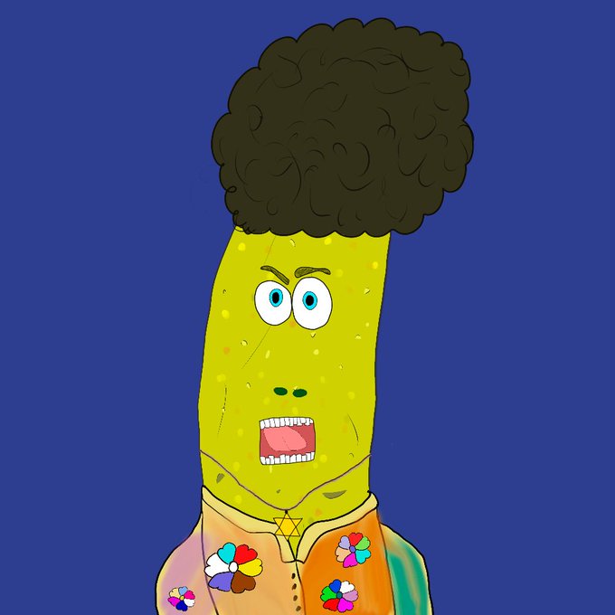 A cartoon illustration of a pickle-like character with a brown afro and a colorful flower-patterned shirt against a blue background.