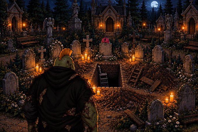 A dark, atmospheric illustration of a zombie-like figure looking at an open grave in a candlelit cemetery at night, surrounded by gothic tombstones and statues under a starry sky.