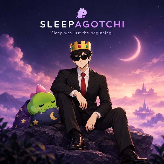 Promotional artwork for 'SLEEPAGOTCHI' with the tagline 'Sleep was just the beginning,' depicting an anime-style character wearing sunglasses and a crown, sitting next to a sleeping green creature.