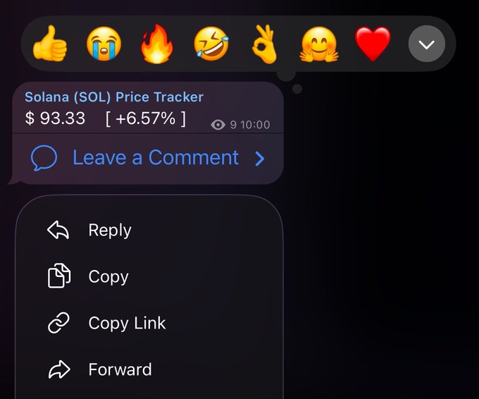 A dark-mode messaging interface showing a Solana (SOL) Price Tracker message displaying '$93.33 [+6.57%]' at 9 10:00, with emoji reactions above and a context menu offering Reply, Copy, Copy Link, and Forward options.