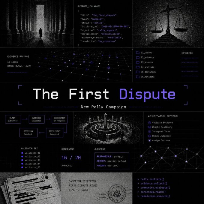 The image is a futuristic dashboard for a "rally.platform" titled "The First Dispute" (DISPUTE.LOG #0001), displaying JSON-like data of a campaign with the title "the_first_dispute," a decentralized structure, "rally_support" objective, and a status of "active" with a resolution of "by_consensus." It visually represents an agentic dispute protocol through elements like an evidence package with 12 items (hash 0x4ab...7e2c), a validator set (validators_01-05), consensus reached at 16/20, and an adjudication judgment awarding party_b a partial refund of 600 USDC, illustrating the next layer of the agentic economy focused on trust, verification, and conflict resolution between autonomous agents.