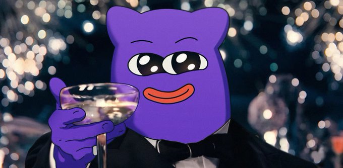 A purple cartoon character wearing a black tuxedo and bowtie holds up a martini glass with a smiling expression against a sparkling background.