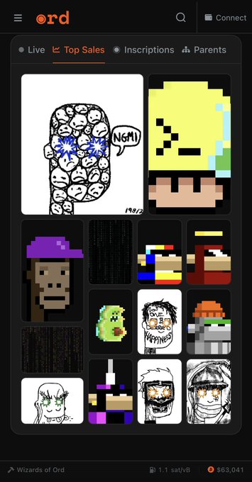 A screenshot of the "ord" Ordinals marketplace displays the "Top Sales" tab featuring pixel art and meme-style NFT thumbnails, including images labeled "NGMI" and "NO HAPPENINGS." The post "Ordinals are programmed to pump" reflects the bullish sentiment often associated with such sales pages, where notable NFT collections like Wizards of Ord are traded for sats, with a floor price of 563,041 sats visible at the bottom.