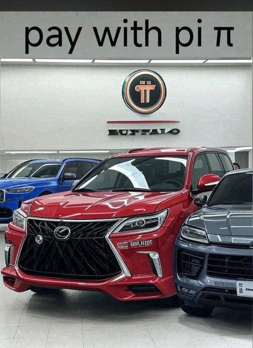 A meme featuring luxury cars in a showroom with the text 'pay with pi π' at the top, and a pi coin logo above the word 'BUFFALO' (which appears as gibberish AI text).