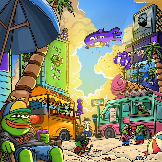 A colorful cartoon beach scene featuring various Pepe the Frog characters, including one in the foreground, a "Kraken" blimp, a "THE REAL OG" building, and a hot dog stand.