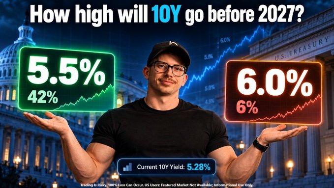 A man in a black cap and shirt posing with two glowing boxes asking 'How high will 10Y go before 2027?', showing 5.5% (42%) vs 6.0% (6%) with current 10Y Yield at 5.28%, set against the U.S. Treasury building.