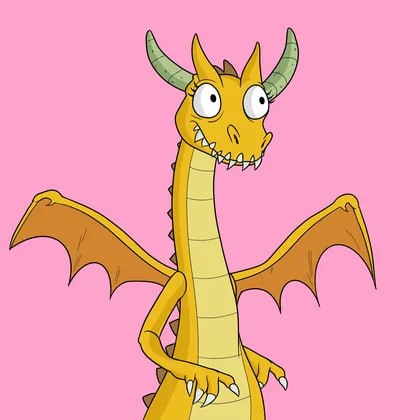 A cartoon illustration of a yellow-orange dragon with green horns and a toothy grin, standing against a solid pink background.