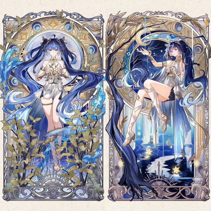 Two ornate Art Nouveau-style portraits feature a blue-haired anime girl in elegant white attire—one depicted standing gracefully among golden foliage and water motifs, the other floating serenely in a starry celestial scene—evoking a dreamy, ethereal longing that fits the "missing iuno hours" sentiment of affectionate yearning.