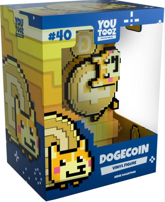 Youtooz collectibles vinyl figure box #40 featuring a pixelated Dogecoin character, labeled 'DOGECOIN VINYL FIGURE MEME COLLECTION'.