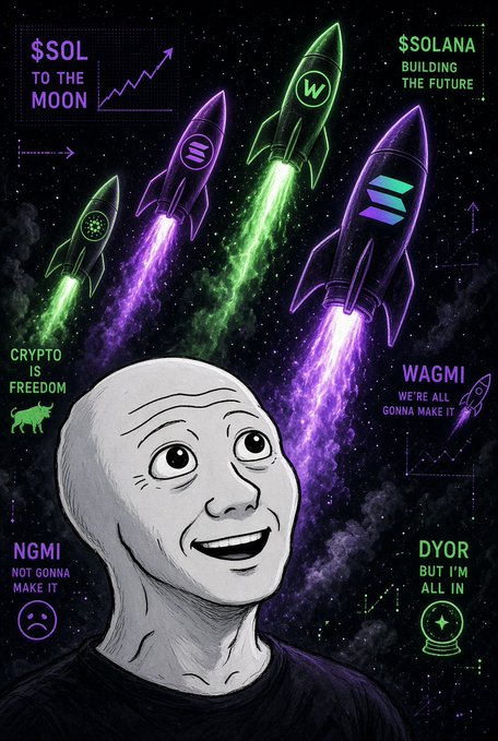 A meme-style illustration of a Wojak character with a smiling face, surrounded by cryptocurrency rocket ships and text including "$SOL TO THE MOON," "$SOLANA BUILDING THE FUTURE," "CRYPTO IS FREEDOM," "WAGMI," "NGMI," and "DYOR."