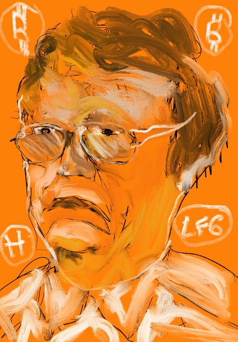 An expressive digital painting portrait of a man wearing glasses with an orange monochromatic palette, featuring letters 'B', 'G', 'H', and 'LFG' in white circles around the composition.
