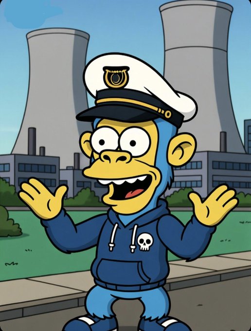 A cartoon illustration of a blue monkey wearing a sailor hat and a hoodie with a skull design, standing in front of cooling towers of a nuclear power plant.