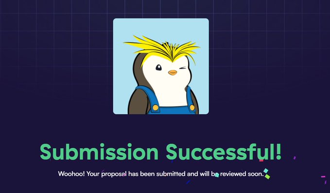 A 'Submission Successful!' confirmation screen featuring a cartoon penguin character with yellow spiky hair wearing blue overalls against a dark blue grid background.