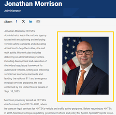 The image shows an "Administrator" profile page for Jonathan Morrison, NHTSA Administrator, featuring his photo against an American flag backdrop, along with a share prompt. This relates to the accompanying post about Morrison's remarks on autonomous vehicles and AI at the AI Horizons PGH Summit.