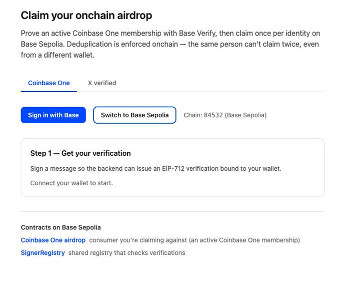A screenshot of a webpage titled 'Claim your onchain airdrop,' detailing steps for Coinbase One verification on Base Sepolia with options to 'Sign in with Base' or 'Switch to Base Sepolia.'