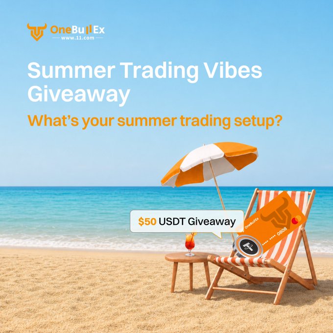 A OneBullEx "Summer Trading Vibes Giveaway" promotional graphic featuring a beach scene with an orange and white striped lounge chair and matching umbrella, alongside text promoting a "$50 USDT Giveaway" and asking "What's your summer trading setup?"—visually reinforcing the post's invitation for users to share their ideal summer trading locations.
