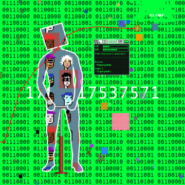 A digital collage with anime-style characters overlaid on a green background of binary code and partial numbers like '637571'.