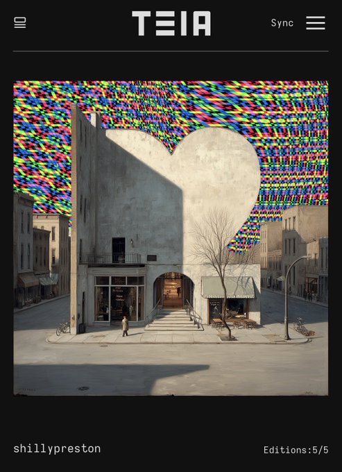A digital artwork displayed on the TEIA platform (Sync menu visible) by artist shillypreston, labeled Editions:5/5, depicting a surreal cityscape with a building shaped like the letter 'H' featuring a heart cutout, set against a vibrant pixelated background.