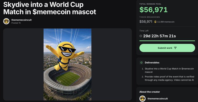 The image features a poster or banner advertising an event called "Skydive Into a World Cup Match in $56,971 MECON coin mascot". The event seems to involve a mascot dressed as a character from the sky diving world, specifically a yellow bee, and it is offering a cash bounty of $56,971 for those who participate. A social media post encourages viewers to accept this challenge by sharing their stories or experiences related to the task on social media using the provided hashtag. The text in the image indicates that the event has already been posted online and is open to all willing participants.