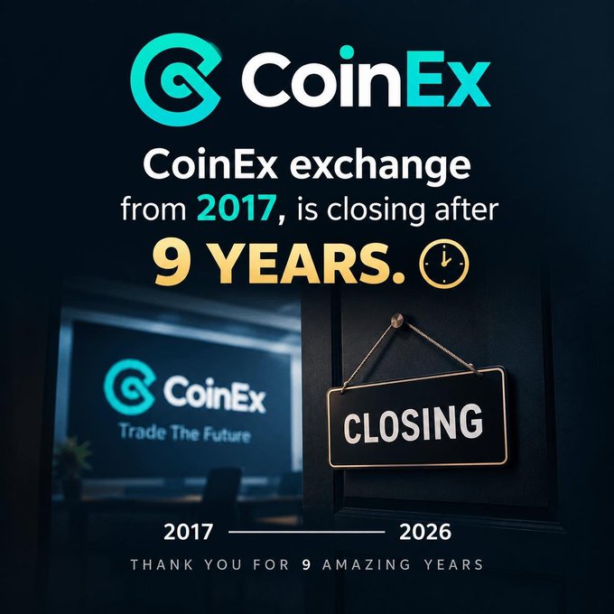 A CoinEx promotional graphic announcing the exchange is closing after 9 years (2017-2026), with a 'CLOSING' sign hanging on a door.