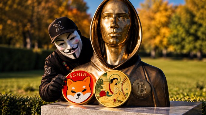 A person wearing a Guy Fawkes mask and an X-logo cap stands next to a golden hooded statue, holding three large coins featuring Shiba Inu ($SHIB), an anime-style figure, and Bitcoin (₿) symbols in a park setting.