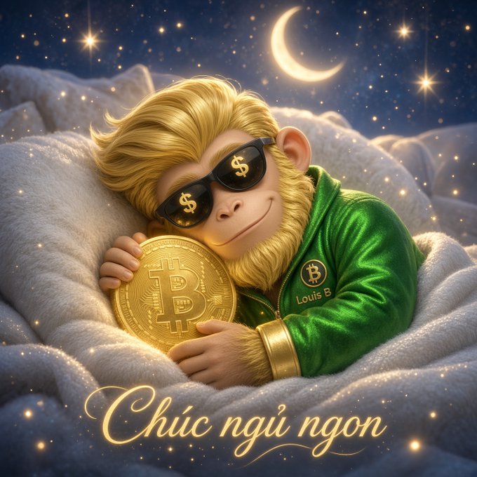 A digital illustration of a blonde monkey wearing sunglasses with dollar signs and a green jacket with 'Louis B', hugging a large Bitcoin coin under a starry sky, with the text 'Chúc ngủ ngon' (Good night in Vietnamese) at the bottom.