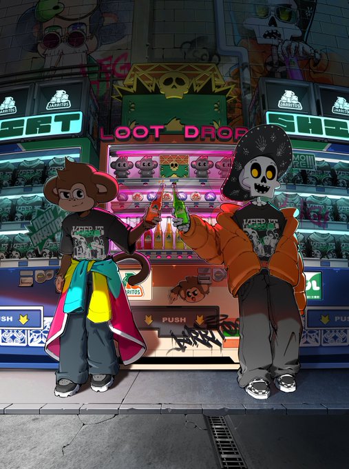 The image features two cartoon characters standing next to a vending machine with a sign that says "Loot Drop". One character has a backpack, while the other one does not. They are both wearing t-shirts with various designs on them. The background of the image is filled with neon lights and colorful signs, creating an urban atmosphere. The post seems to be promoting a sale at Taco Tuesday for the Chimpers x Jarritos pack from @ApeChainHUB.