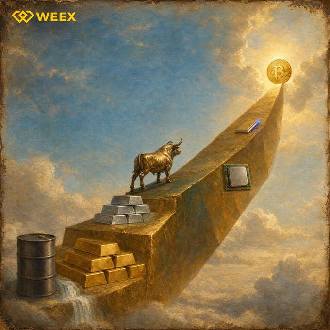 A golden staircase ascends through the clouds toward a Bitcoin symbol, with a bull statue, gold bars, a CPU chip, and a pen arranged along its steps, visually echoing the post's "BTC-to-earn, STOCKS-to-earn, GOLD-to-earn, BULL-to-earn" theme of multiple assets and market sentiment. The "WEEX" logo appears in the top-left corner.