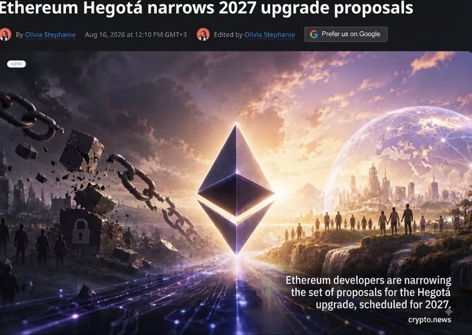 A crypto.news article titled 'Ethereum Hegotá narrows 2027 upgrade proposals' by Olivia Stephanie, dated Aug 16, 2026, featuring an Ethereum logo graphic.