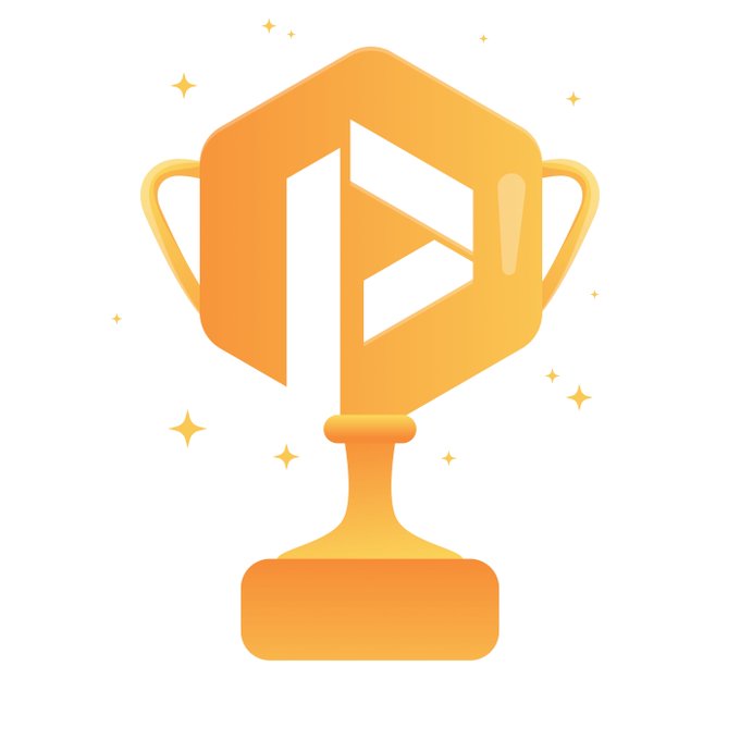 Illustration of a golden trophy with an abstract flag-like emblem in the center, surrounded by small star sparkles on a white background.