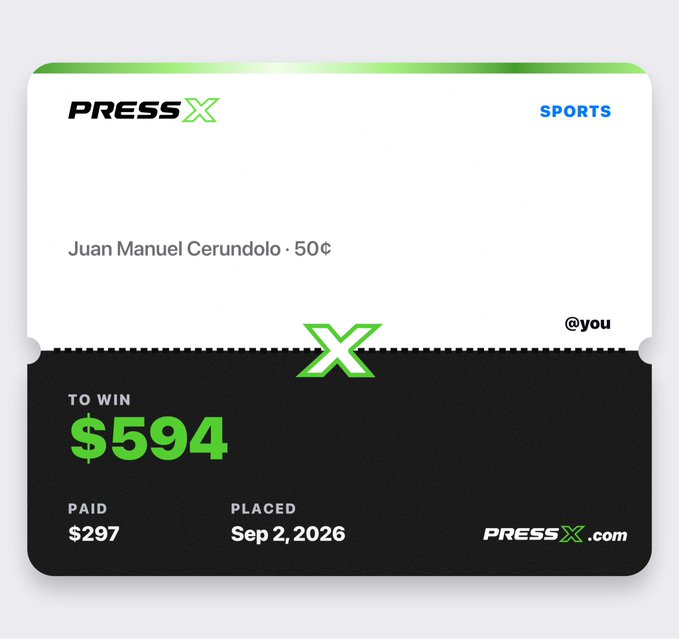 A PressX sports betting receipt showing a wager on Juan Manuel Cerundolo at 50¢ with a potential win of $594, placed on Sep 2, 2026 with $297 paid out. The image illustrates the post's point about prediction market platforms like PressX enhancing the trader experience by providing detailed, ticket-style interfaces for tracking sports bets and potential payouts.