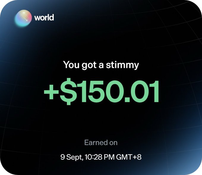A notification from World (@world_xyz) displays a reward of "+$150.01" earned on 9 Sept at 10:28 PM GMT+8, titled "You got a stimmy," illustrating the rewards users can claim by following the steps outlined in the post.