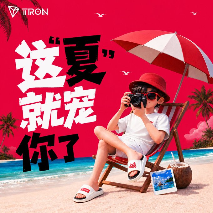 A promotional poster with a red background featuring a child in beachwear under an umbrella, with TRON logo and Chinese text '这夏就宠你了'.