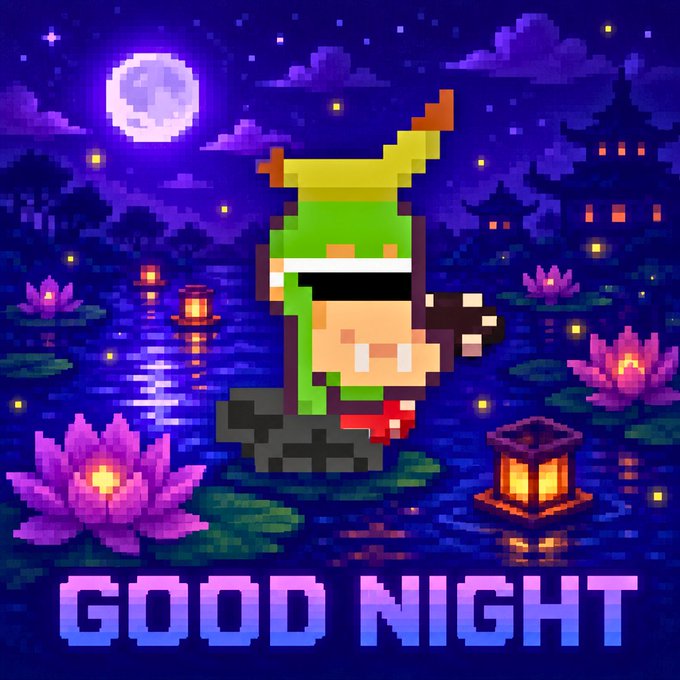 A pixel art 'GOOD NIGHT' image shows a character in a green hood on a small boat at night, surrounded by glowing lotus flowers and lanterns under a full moon.