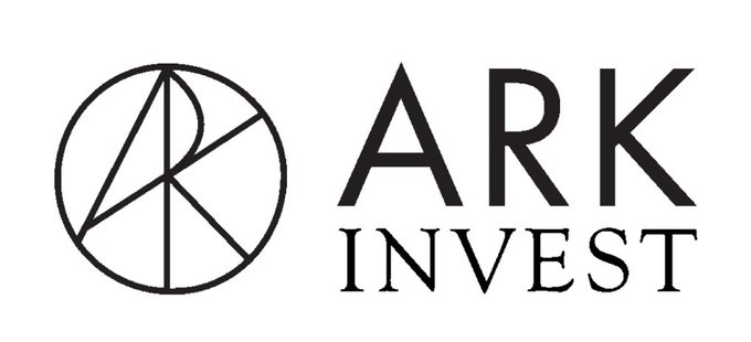 The image shows the black-and-white logo for "ARK INVEST," featuring a geometric circular emblem with the letters "A" and "R" stylized inside, alongside the company's name in bold serif lettering. This logo directly represents the firm mentioned in the post, which has just tokenized its $1.2 billion ARK Venture fund on the blockchain through Securitize, marking a significant step in Cathie Wood's stated mission to bring her venture fund onchain.