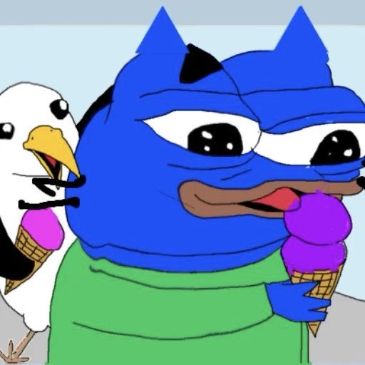 An animated cartoon featuring a blue cat-like character eating a purple ice cream cone while a seagull stands beside it with its own ice cream.