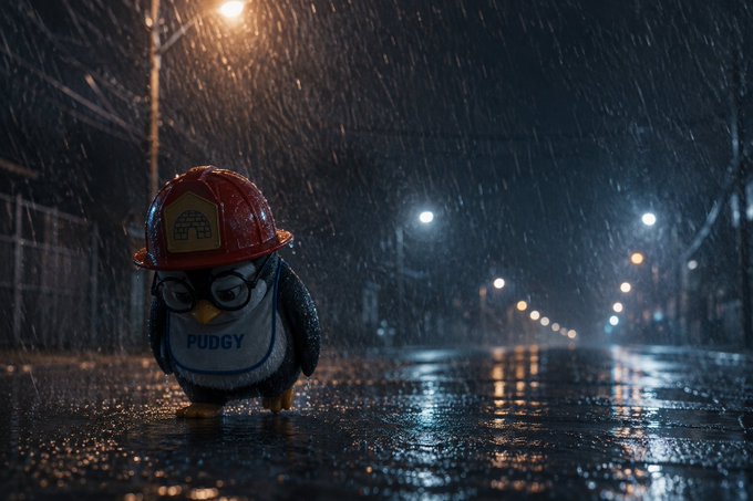 A small penguin toy wearing a red hard hat with a symbol on it and a sweater labeled 'PUDGY,' standing on a wet, rain-slicked street at night with blurred streetlights in the background.
