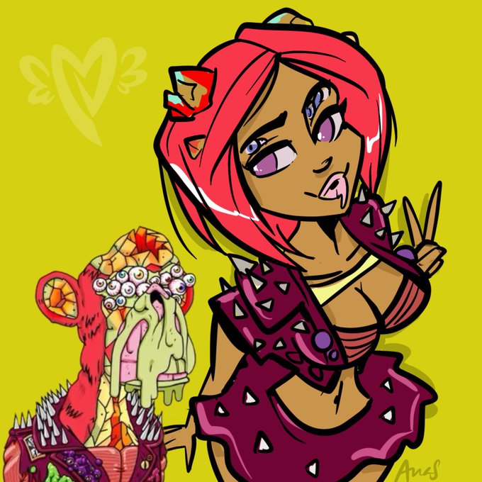 A bold-colored illustration features a red-haired girl with purple eyes making a peace sign next to a grotesque multi-eyed, drooling monster character.