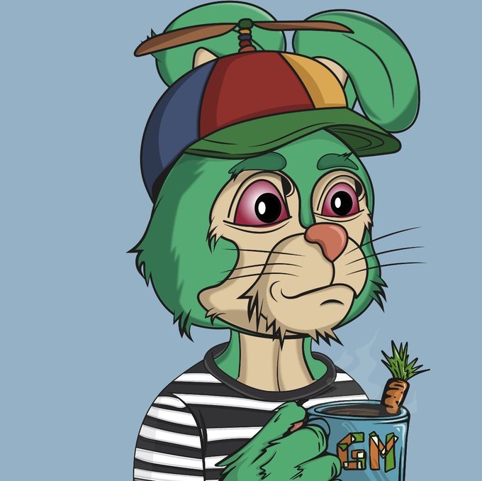 An illustration of a green cartoon bunny wearing a propeller hat and a black-and-white striped shirt, holding a steaming mug labeled 'GEM' with a small carrot poking out.