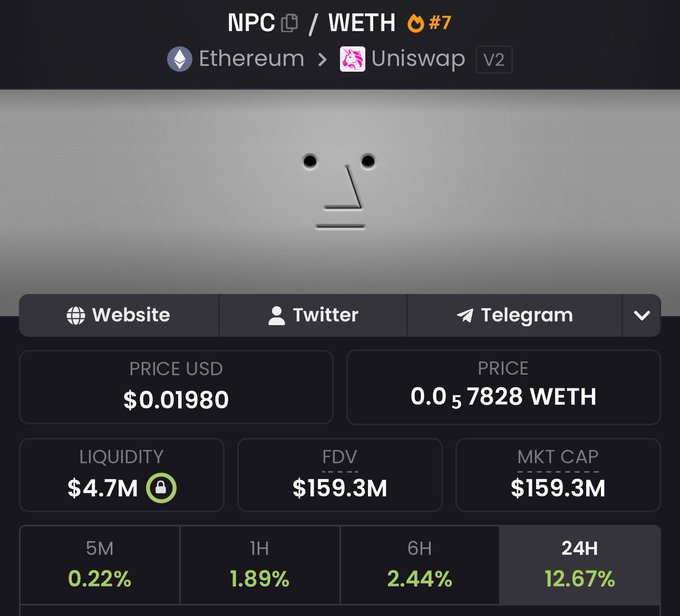 A cryptocurrency listing for NPC/WETH on Uniswap V2 shows a price of $0.01980 and a 24H increase of 12.67%.