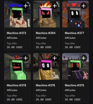 A grid of six NFT listings on ARCades marketplace, showing cartoonish arcade machines labeled Machine #373, #364, #377, #378, #376, and #375, each with a top offer of 26.00 USDC.