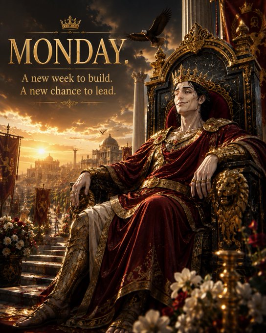 An AI-generated image of a crowned ruler on a throne with the text 'MONDAY. A new week to build. A new chance to lead.'