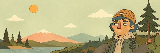 A cartoon-style illustration of a curly-haired character wearing a "hello" beanie and hoodie, set against a sunset landscape with mountains, trees, and a lake—evoking the hand-drawn, whimsical aesthetic the post highlights about UnusualNFTs artwork by @Mrym_nft.