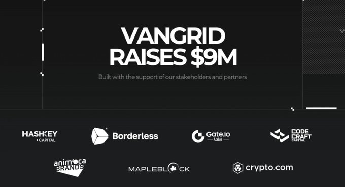 A dark presentation slide announcing 'VANGRID RAISES $9M', built with the support of stakeholders and partners, displaying logos for HashKey Capital, Borderless, Gate.io, Code Craft Capital, Animoca Brands, Mapleblock, and crypto.com.