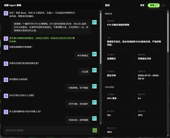 A dark-themed 'moss' platform interface showing a chat conversation on the left where an AI assistant creates an ETH mean reversion strategy, and a strategy preview panel on the right with details like backtest period 2025-07-01 to 2025-08-31.